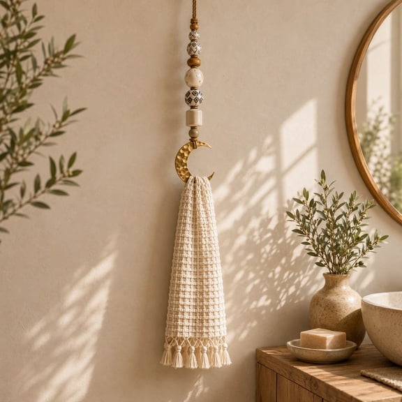 Hawaiian Style Macrame Wall Hanging Towel Rack Rustic Towels Crescent Loop Ring, Burr-Free Polished Towel Holder with Boho Beads Accent, Sturdy Non-slip Decor for Bathroom Home Farmhouse Kitchen