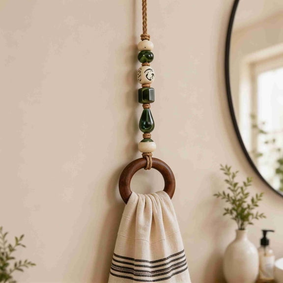 Hawaiian Style Macrame Wall Hanging Towel Rack Rustic Towels Loop Ring, Burr-Free Polished Towel Holder with Boho Beads Accent, Sturdy Non-slip Cozy Style Decor for Bathroom Home Farmhouse Kitchen