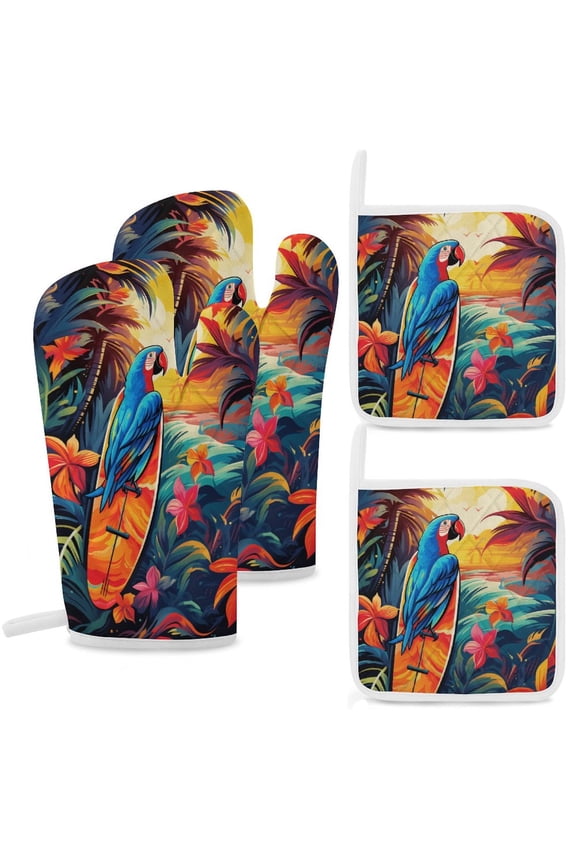 Hawaiian Style Oven Mitts And Pot Holders Sets of 4 Oven Gloves Set Potholders for Kitchen Cooking Baking Grilling Anti Scald Hot Pads And Heat Resistant