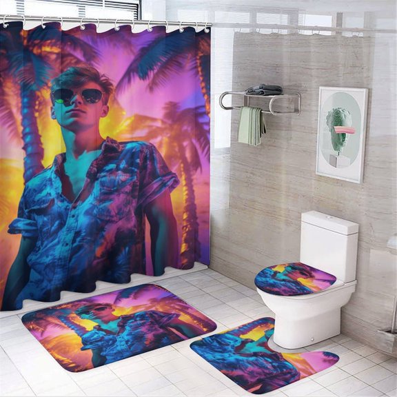 Hawaiian Style Shower Curtain Sets with Rugs 4 Piece Rustic