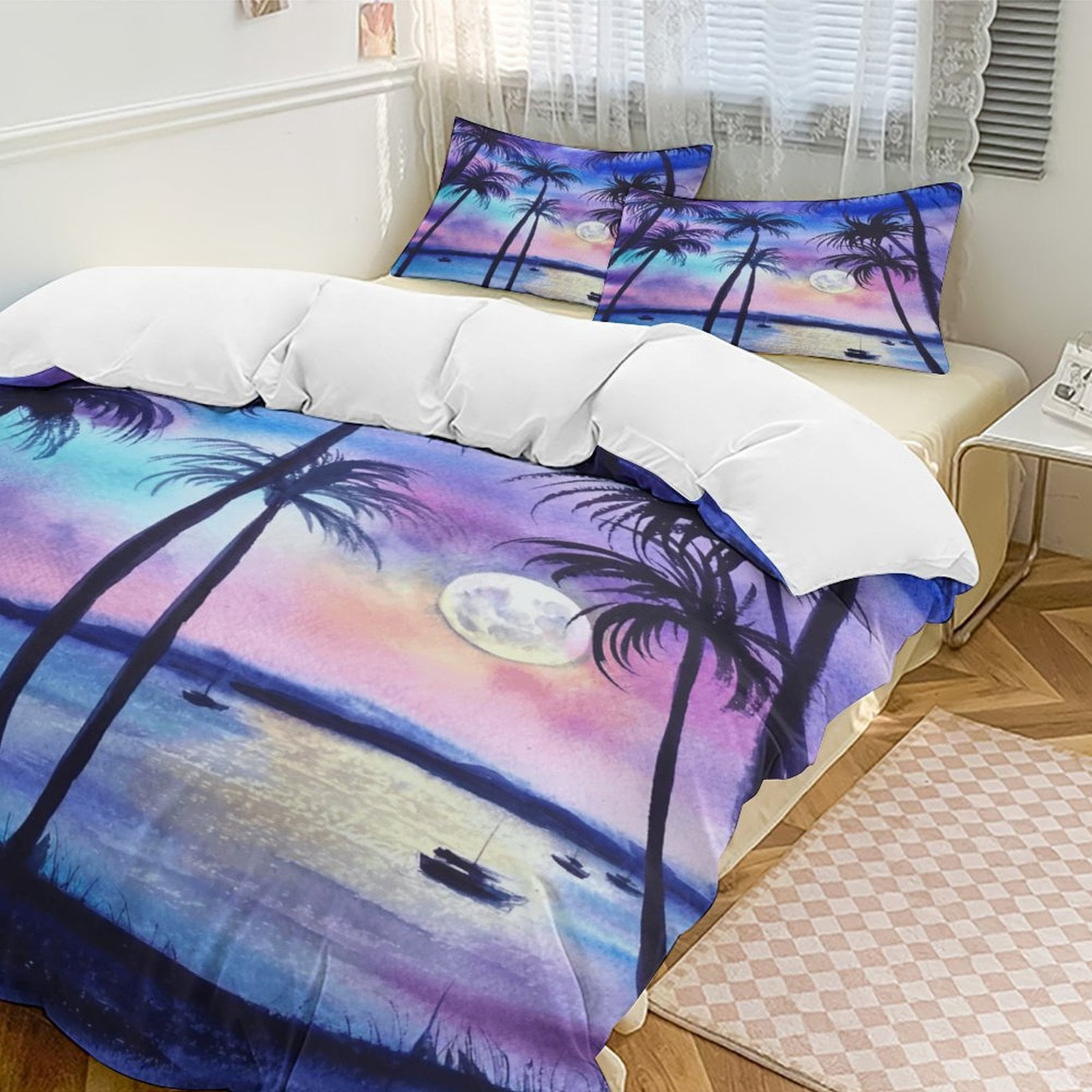 Hawaiian Style Sunset Tropical Beach Palm Tree 3D Set Duvet Cover Quilt Cover Theme for Full Size