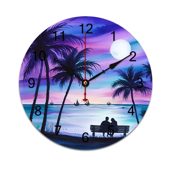 Hawaiian Style Sunset Tropical Beach Palm Tree Bedroom Wall Clock Large Modern Kitchen Dinning Round Living Room Watch Home Decor 10in