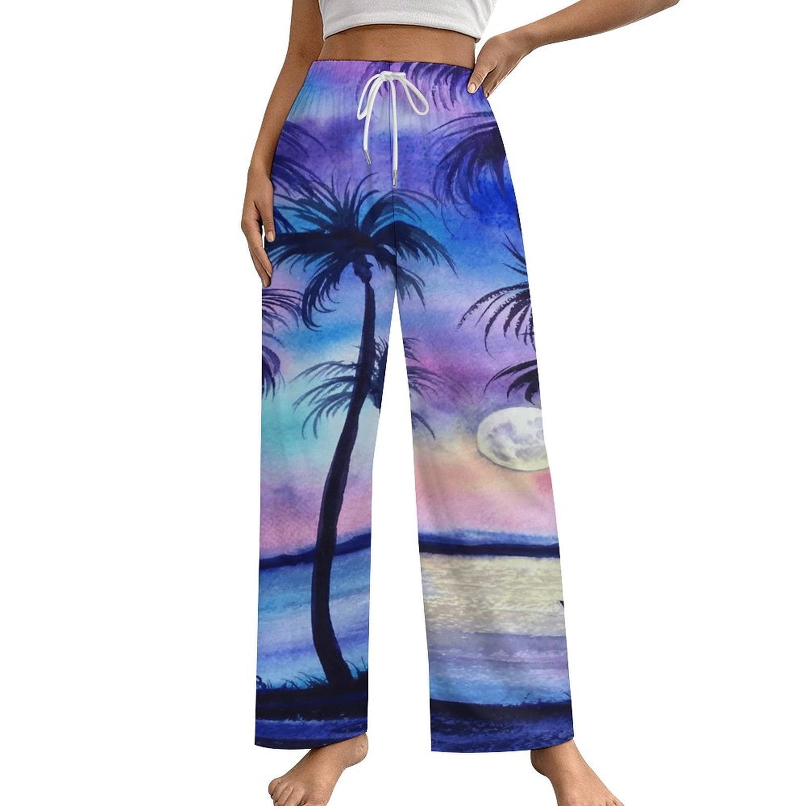 Hawaiian Style Sunset Tropical Beach Palm Tree Pajamas For Women Loose ...