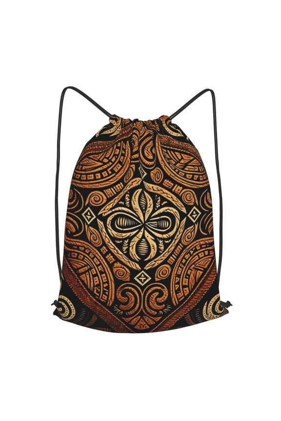 Hawaiian Style Tapa Cloth Tribal Art Drawstring Backpack Gym String Bag Sports Sackpack Cinch Sack, Small