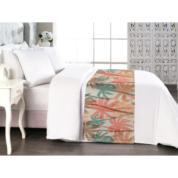 Hawaiian Summer Bed Runner, Colorful Design Palm Tree Silhouettes Psychedelic Vibes Boho Print, Decorative Accent Bedding Scarf for Hotels Homes & Guest Rooms, King, Coral Cadet Blue, by Ambesonne