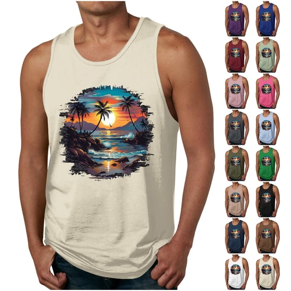 Hawaiian Summer Vacation Tank Tops for Men Fashion Sleeveless Leisure Tanks Tropical Sunset Print Shirts Breathable Outdoor Beach Crewneck Tees Lightweight Comfy Casual Tshirts
