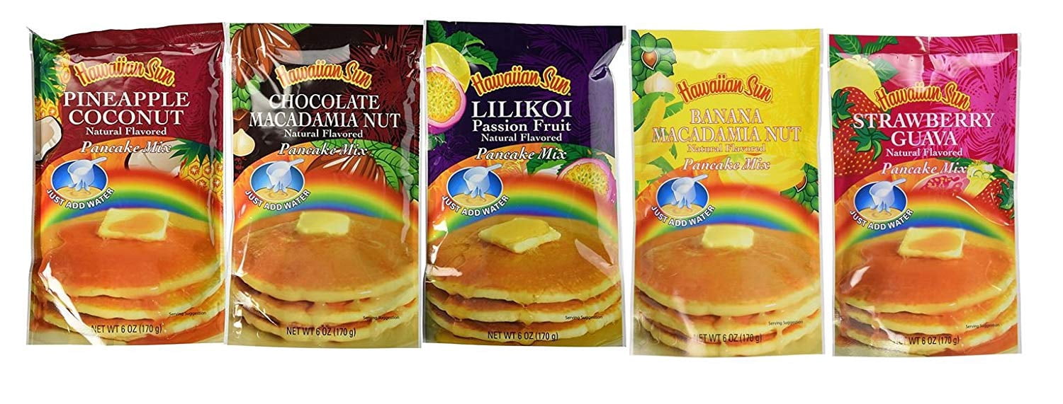 Hawaiian Sun 5 Pack Assorted Pancake Mix: Chocolate Mac, Passion Fruit, Banana Mac Nut, Coconut Pineapple.