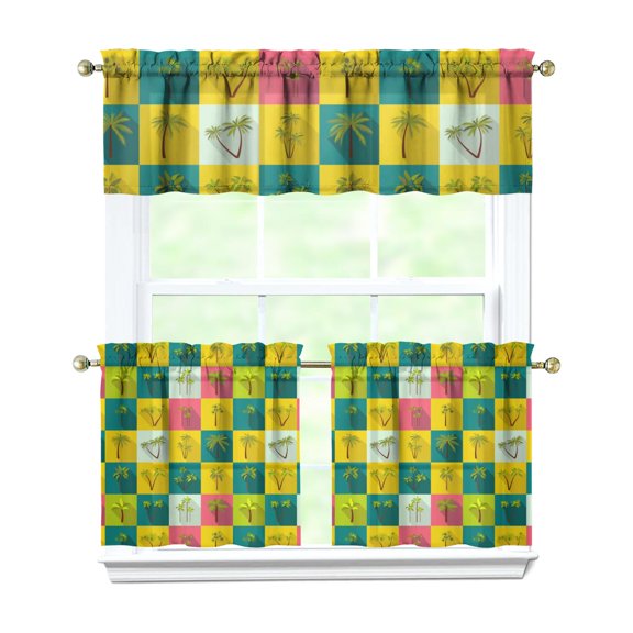 Hawaiian Sunset Beach Kitchen Curtains Set, Tropical Palm Trees and Hawaii Palm Tree Design, Rod Pocket Tier and Valance, Energy Efficient Panels