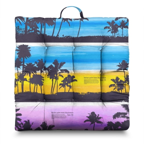 Hawaiian Sunset Beach Meditation Pillow - Large 24" Square Boho Floor Cushion, Oversized for Cross-Legged Sitting, Vibrant Tropical Ocean Sunset with Palm Trees Design