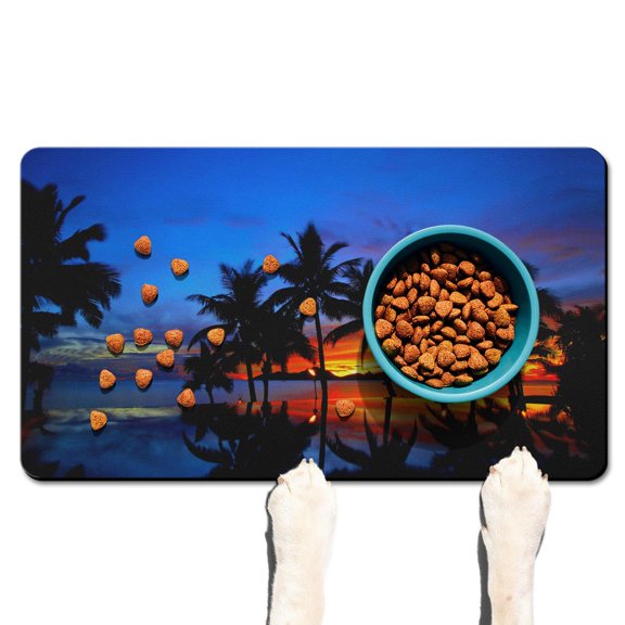 Hawaiian Sunset Beach Non-Slip Dog Feeding Mat - Vibrant Neon Colors - Absorbent Foam Core - Easy to Clean - Tropical Paradise Themed Placemat
