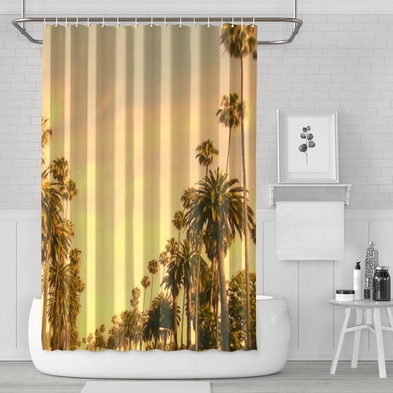 Hawaiian Sunset Beach Shower Curtain Waterproof Polyester 72x72 Inches - Tropical Beach Sunset Design with Metal Grommets Quick-Dry Fade-Resistant Includes Hooks for Bathroom