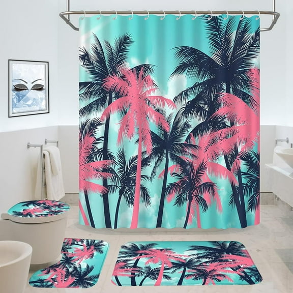 Hawaiian Sunset Tree Shower Curtain Set, 4PCS Bathroom Sets with Shower Curtain and Bath Mat, Toilet Lid Cover and U Shaped Rugs,72"x72" Polyester Fabric Bathtub Curtain with Hooks, SETZZTE17
