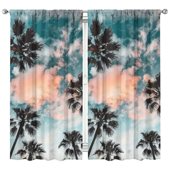 Hawaiian Sunset with Palm Trees Kitchen Curtains - Set of 2 42x84 Inch Vibrant Tropical Beach Tier Panels