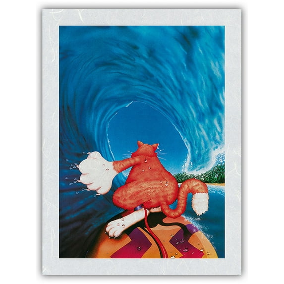 Hawaiian Surf Cat Riding Tube - From an Original Color Painting by Peter Powell - Japanese Unryu Rice Paper Art Print (Unframed) 12 x 16 in