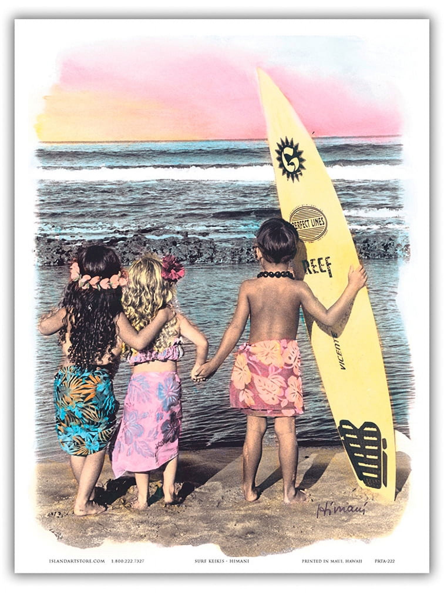 墨絵 海と人物 Hawaiian Surf Keikis (Children) - From an Original Hand