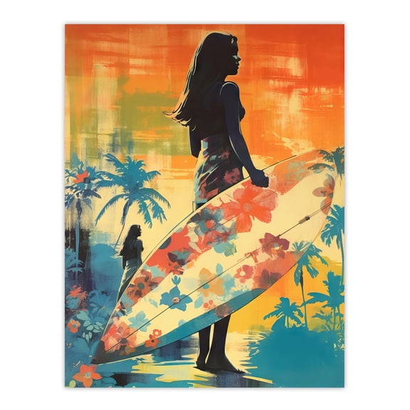 Hawaiian Surf Print Retro Palm Tree Floral In Blue And Orange Vibrant Bold Bright Colourful Painting Unframed Wall Art Print Poster Home Decor Premium