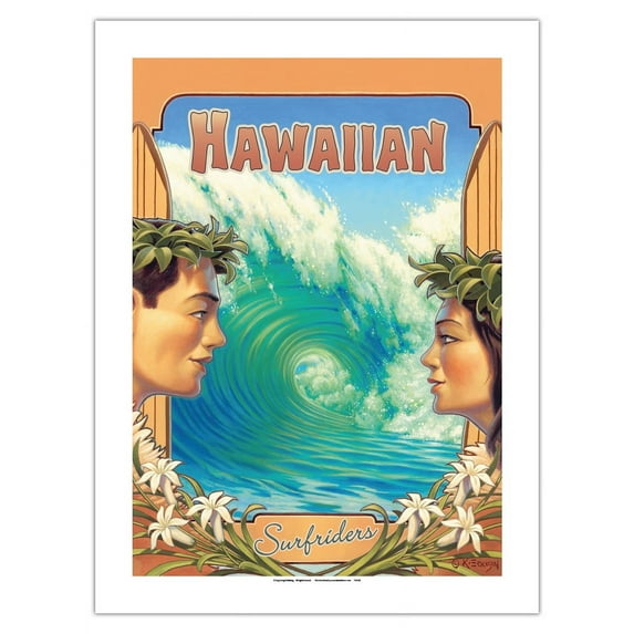 Hawaiian Surfriders - Hawaii Hula Dancers - Vintage Hawaiian Travel Poster by Kerne Erickson - Bamboo Fine Art 290gsm Paper Print (Unframed) 18x24in