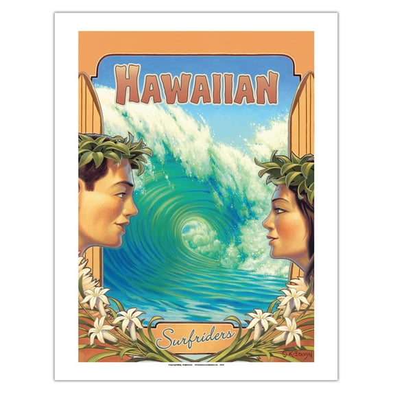 Hawaiian Surfriders - Hawaii Hula Dancers - Vintage Hawaiian Travel Poster by Kerne Erickson - Bamboo Fine Art 290gsm Paper (Unframed) 17x22in