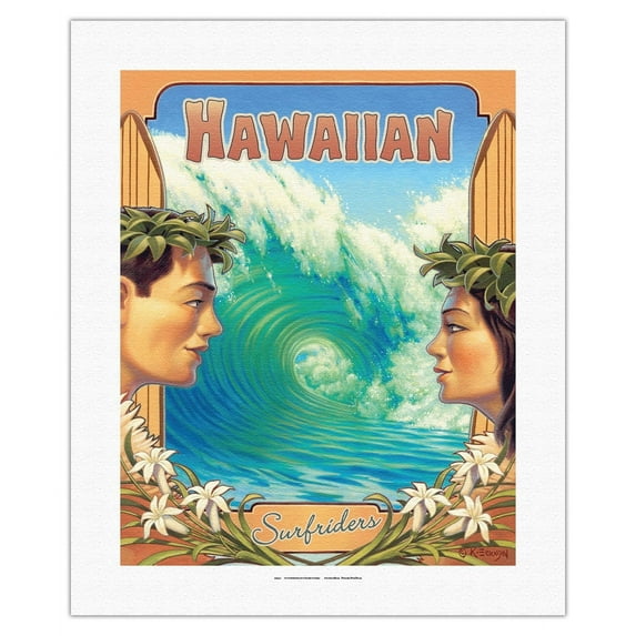 Hawaiian Surfriders - Hawaii Hula Dancers - Vintage Hawaiian Travel Poster by Kerne Erickson - Fine Art Rolled Canvas Print 16in x 20in