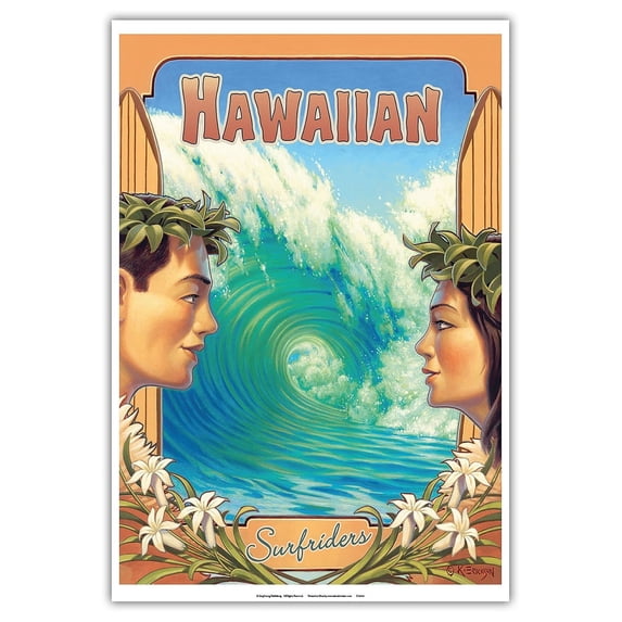 Hawaiian Surfriders - Hawaii Hula Dancers - Vintage Hawaiian Travel Poster by Kerne Erickson - Master Art Print (Unframed) 13in x 19in