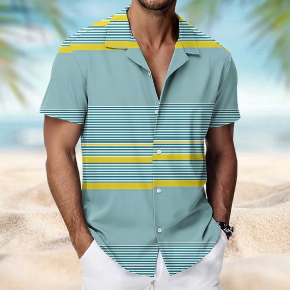 Hawaiian T Shirt for Men Short Sleeve Lapel Button Down Printed Shirts Beach Top Multicolor 8 4XL