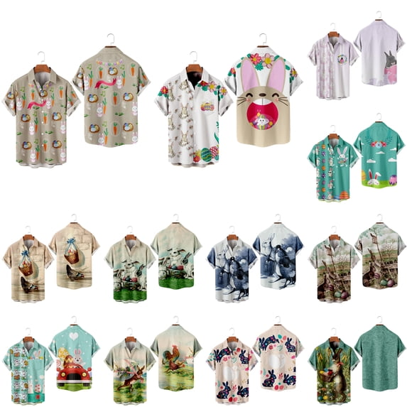 Hawaiian T-shirts for Men- Easter Rabbit Short Sleeve Beach Tops Bunny Printed Lapel Loose Tops Tops with Pocket, #9, Child-170