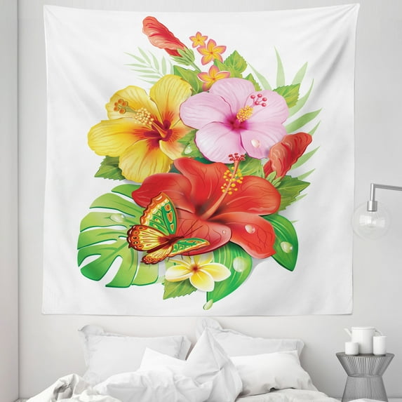 Hawaiian Tapestry, Bouquet of Colorful Hibiscus Flowers a Butterfly Blooming Plumeria Petals, Fabric Wall Hanging Decor for Bedroom Living Room Dorm, 5 Sizes, Multicolor, by Ambesonne