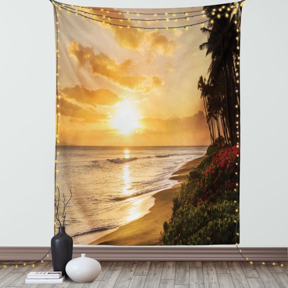 Hawaiian Tapestry, Warm Tropical Sunset on Sands of Kaanapali Beach in Maui Hawaii Traveling, Wall Hanging for Bedroom Living Room Dorm Decor, 60W X 80L Inches, Orange Green Pink, by Ambesonne