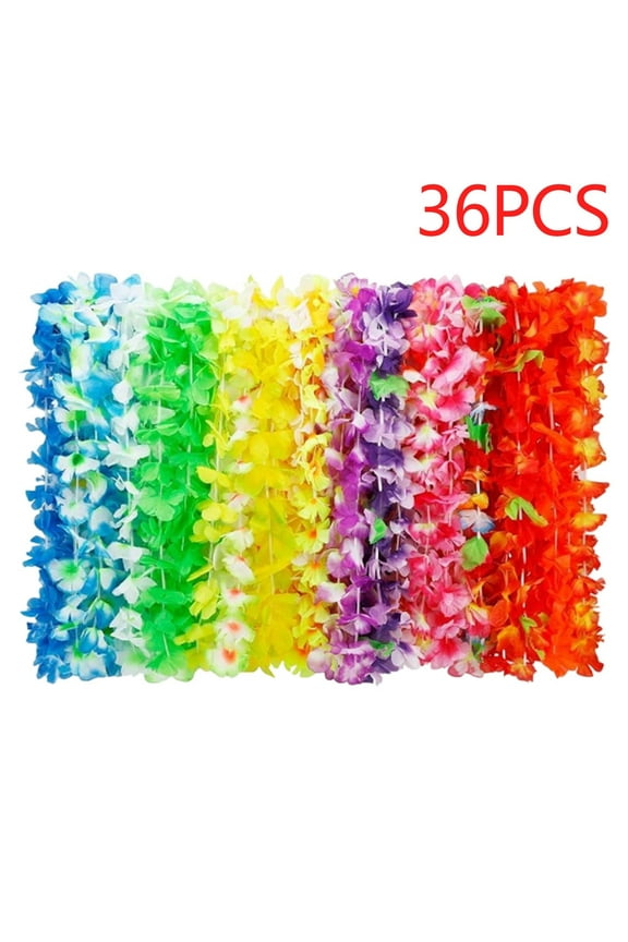 Hawaiian Theme Summer Beach Party Colorful Leis Garland Floral Necklace Accessory 36-Pack Mixed Random Colors Nylon B