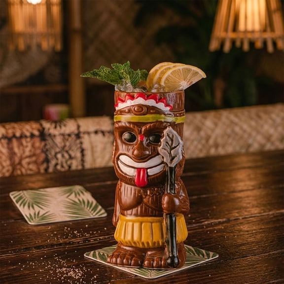 Hawaiian Themed Ceramic Tiki Cocktail Cup, Novelty Bar Drinkware for Home Party Decor & Gift