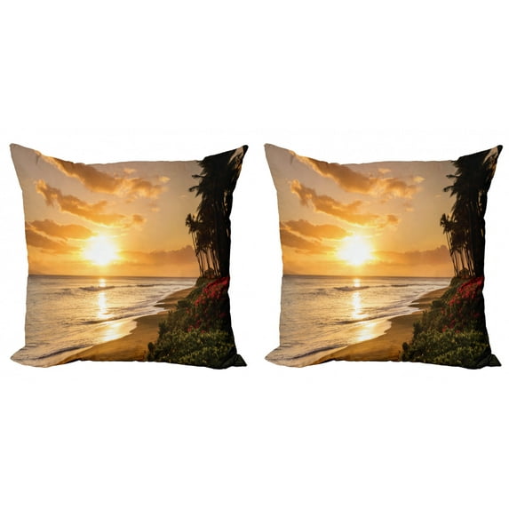 Ambesonne Tropical Throw Pillow Cover 2 Pack, Sunset on Sands Beach, 16", Orange Green Pink