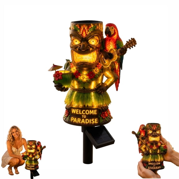 Hawaiian Tiki Solar Garden Stake Light, Welcome to Paradise Outdoor LED Statue with Guitar Parrot, Waterproof Tropical Tiki Decor for Patio Lawn Pool Porch Tiki Lover Gift