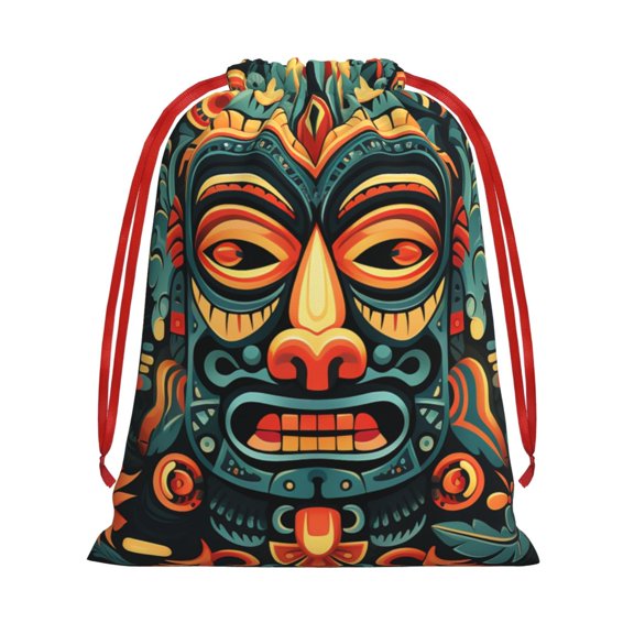 Hawaiian Tiki Tribal Retro Art Drawstring Gift Bag Soft Pouch Reusable Favor Bags for Christmas, Halloween, Candy, Wedding, Birthday