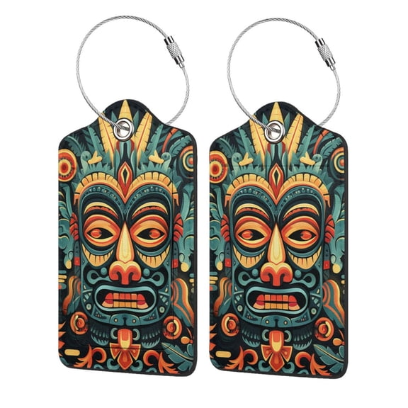 Hawaiian Tiki Tribal Retro Art Luggage Tag for Suitcase 2 Pack Leather Travel Bag Baggage Identifiers Privacy Cover ID Label