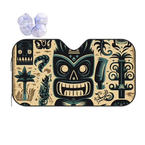 Hawaiian Tiki Tribal Retro Reflective Car Windshield Sunshade, UV Ray Reflector Sun Visor Universal Fit for SUVs, Trucks, Sedans,M