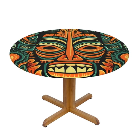 Hawaiian Tiki Tribal Retro Round Fitted Tablecloth Elastic Edged Table Cloth Waterproof Table Cover 48in