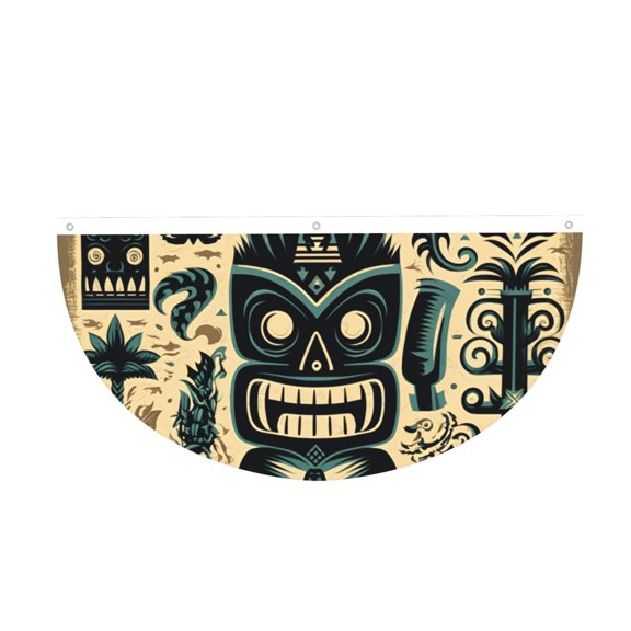 Hawaiian Tiki Tribal Retro Semi-Circle Bunting Banner 1.5x3 Ft, Half Fan Flag for Porch Garden Party Decor, 3-Grommet Ready to Hang