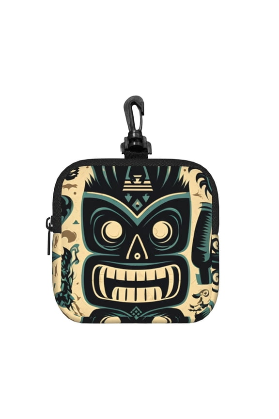 Hawaiian Tiki Tribal Retro Square Gear Pouch with Lobster Clasp Waterproof Tech Accessory Organizer, Key & Coin Case