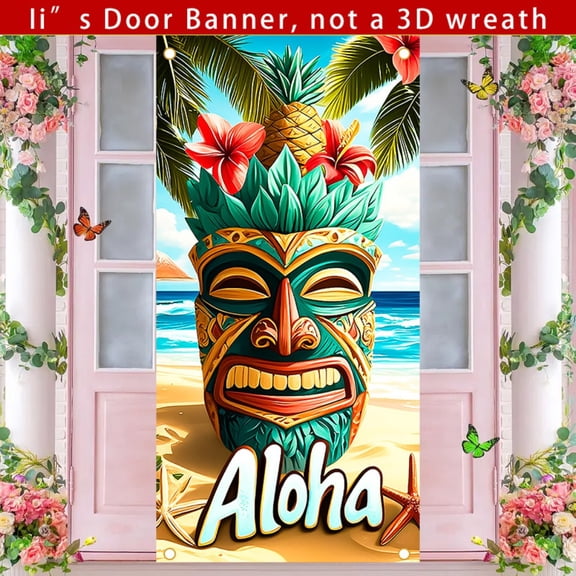 Hawaiian Tiki totem door curtain banner, 71x35 inches in size, ALOHA Tiki totem beach pineapple pattern front door decoration, tropical pattern porch decoration, suitable for outdoor family parties a
