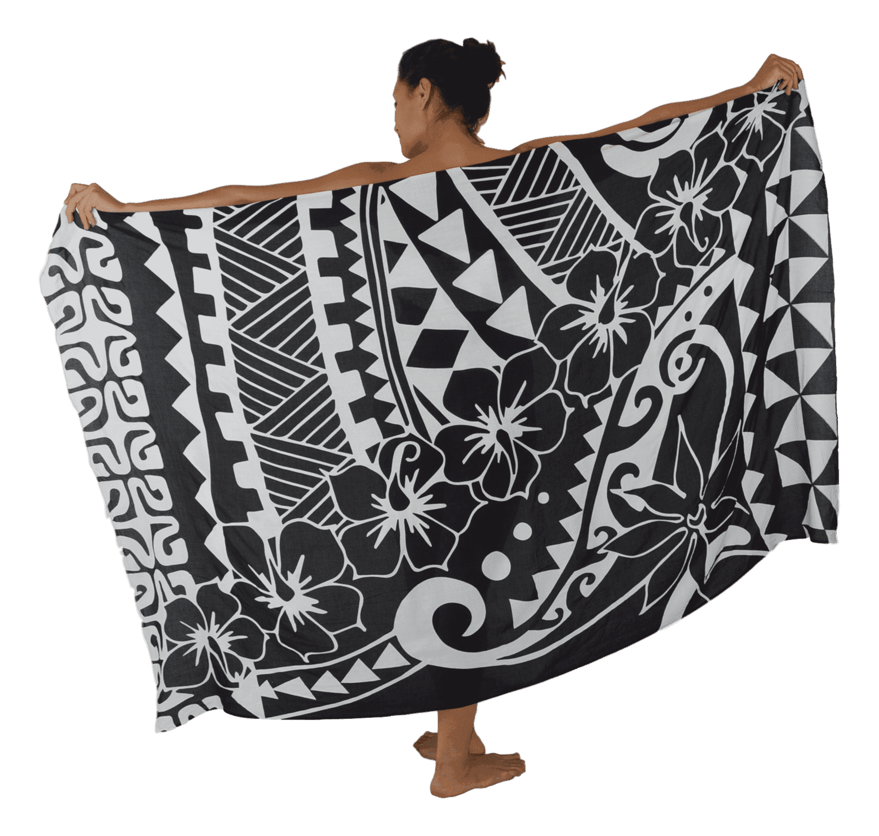 Island Style Women's Pareo Sarong Cover-up- Hawaiian Tribal Hibiscus, Black and White