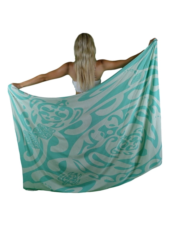 Island Style Women's Pareo Sarong Cover-up- Hawaiian Tribal Island Turtle, Teal