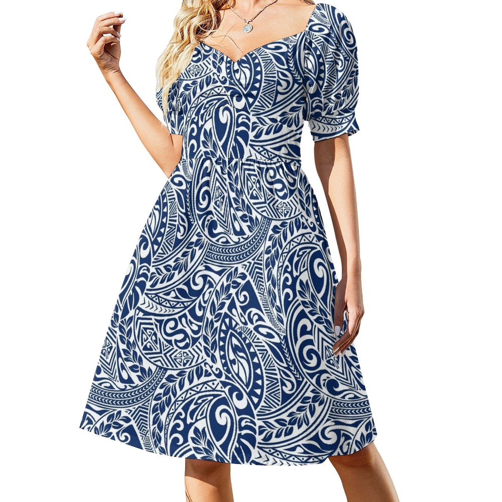 Midnight Black Tapa Hawaiian Dress with Baby Ruffle Neckline & Tribal Print 2121