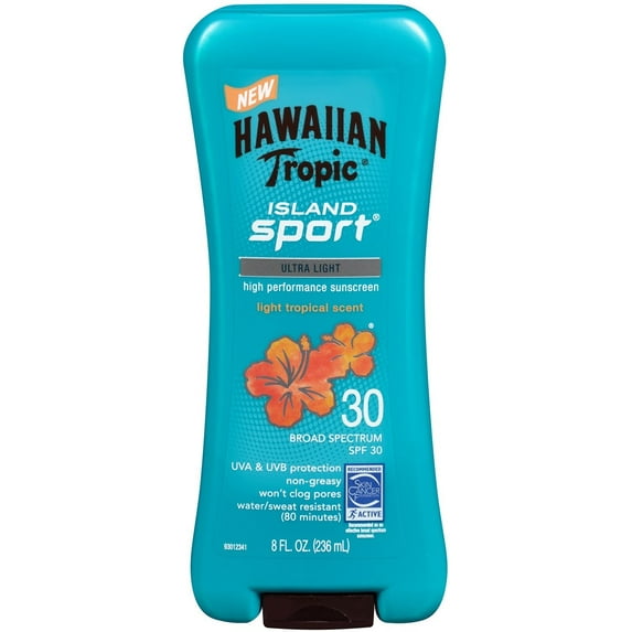 Hawaiian Tropic Island Sport Ultra Light High Performance Suncreen Lotion, Light Tropical Scent SPF 30 8 oz (Pack of 2)