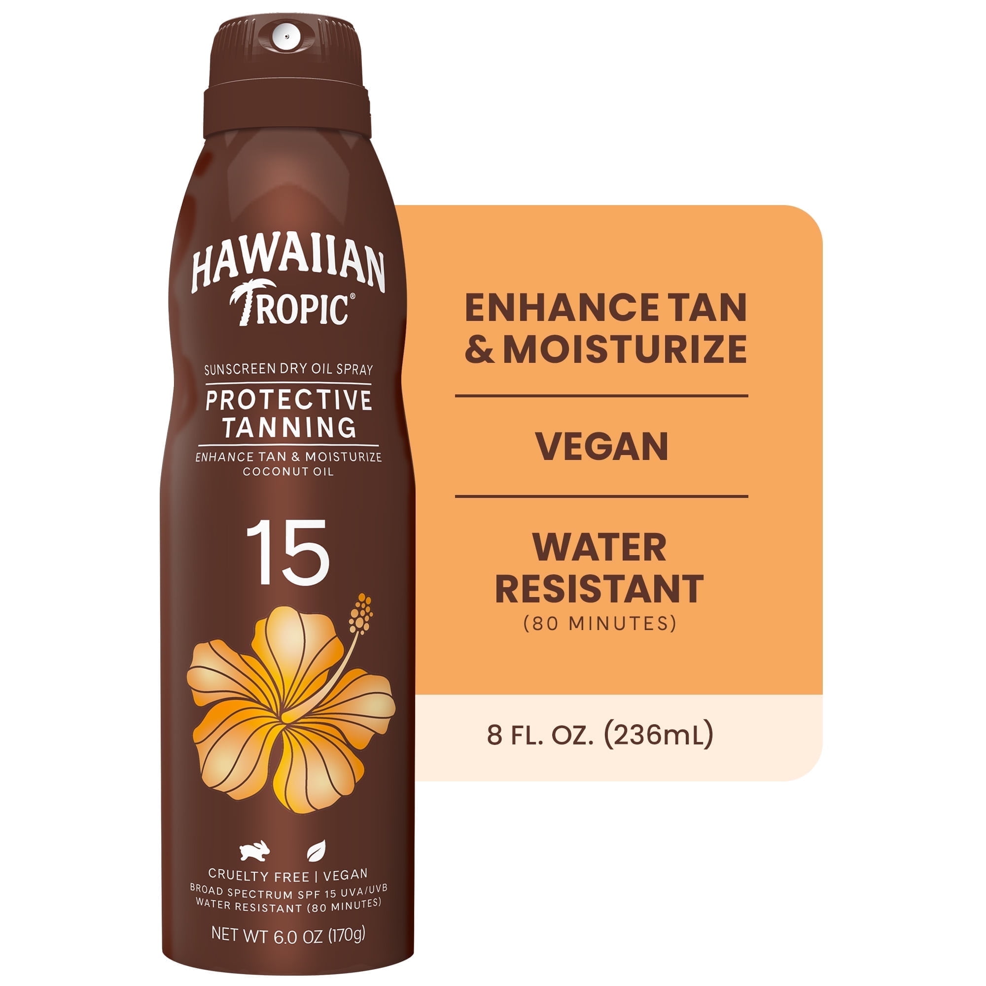 Hawaiian Tropic Protective Tanning Sunscreen, SPF 15, Dry Oil Spray, 6 oz ( 2 Pack )