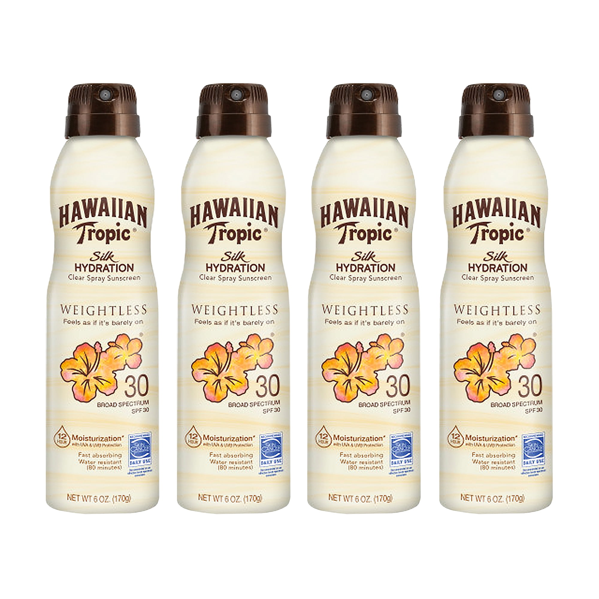 Hawaiian Tropic Silk Hydration Clear Mist Spray Sunscreen SPF 30 6 oz (Pack of 4)