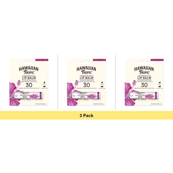 Hawaiian Tropic Tropical Lip Balm SPF 30, 0.14oz - 3 Pack Bundle
