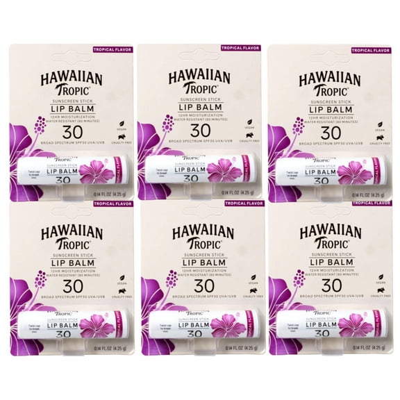 Hawaiian Tropic Tropical Lip Balm SPF 30, 0.14oz | Lip Sunscreen, Lip SPF 30, Lip Sunblock, Oxybenzone Free Sunscreen, Travel Size Sunscreen, Mini Sunscreen, 0.14oz - 6 Pack