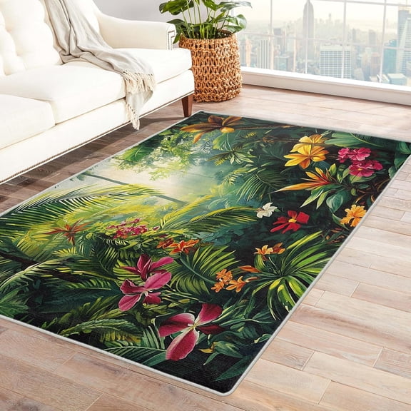 Hawaiian Tropical Area Rugs, Jungle Palm Leaf Carpet, Washable Non Slip Low Pile Soft Rug for Bedroom Living Room Decor Mat 2x3ft