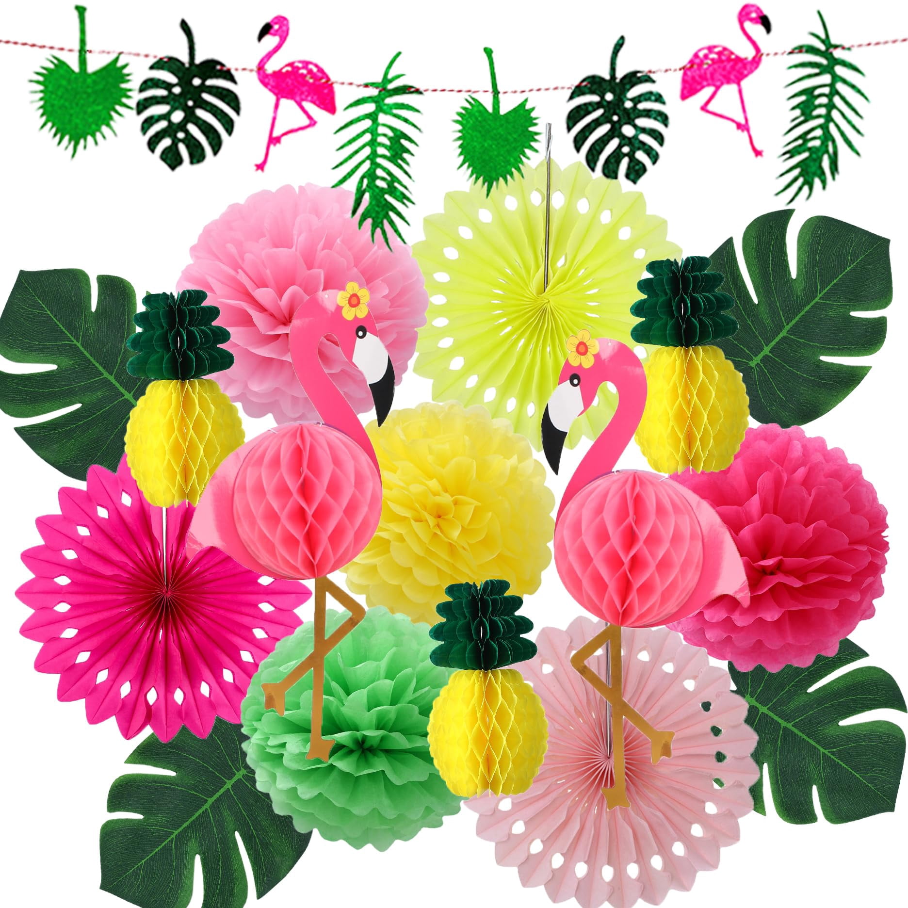 HOWAF 9-Piece Hawaiian Luau Honeycomb Centerpieces - Tropical Flamingo, Palm Tree Table Toppers For Summer Party