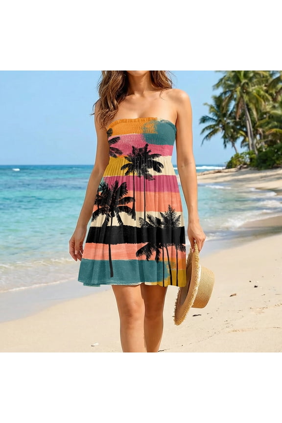 Hawaiian Tropical Dresses for Women Strapless Sleeveless Smocked Ruffle Floral Print Dress Boho Sundress